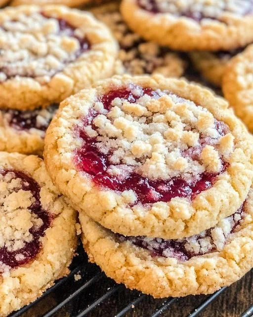 Buttery raspberry crumble cookies with sweet jam filling on a white plate