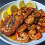 Plate of Cajun Salmon and Shrimp garnished with herbs and spices