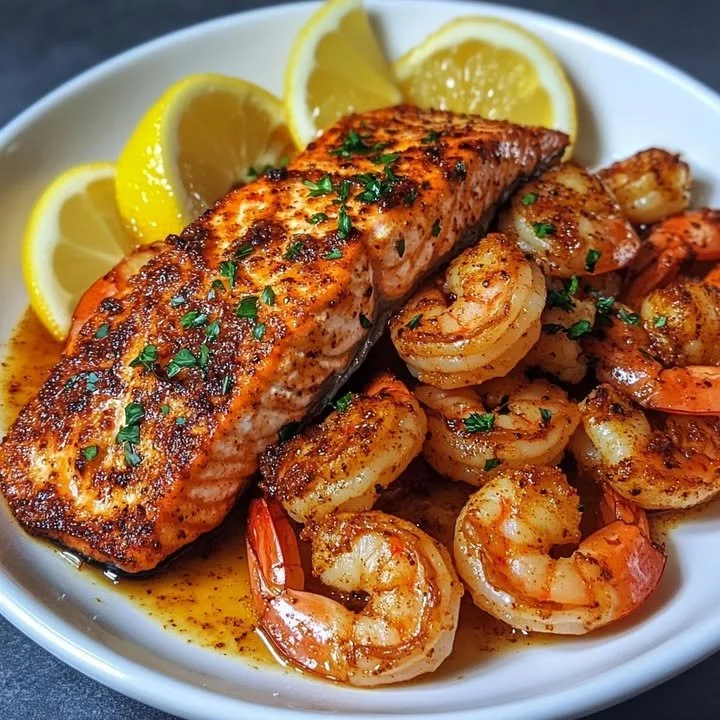 Plate of Cajun Salmon and Shrimp garnished with herbs and spices