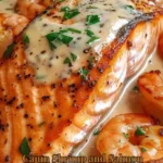 Cajun shrimp and salmon with garlic cream sauce served on a plate