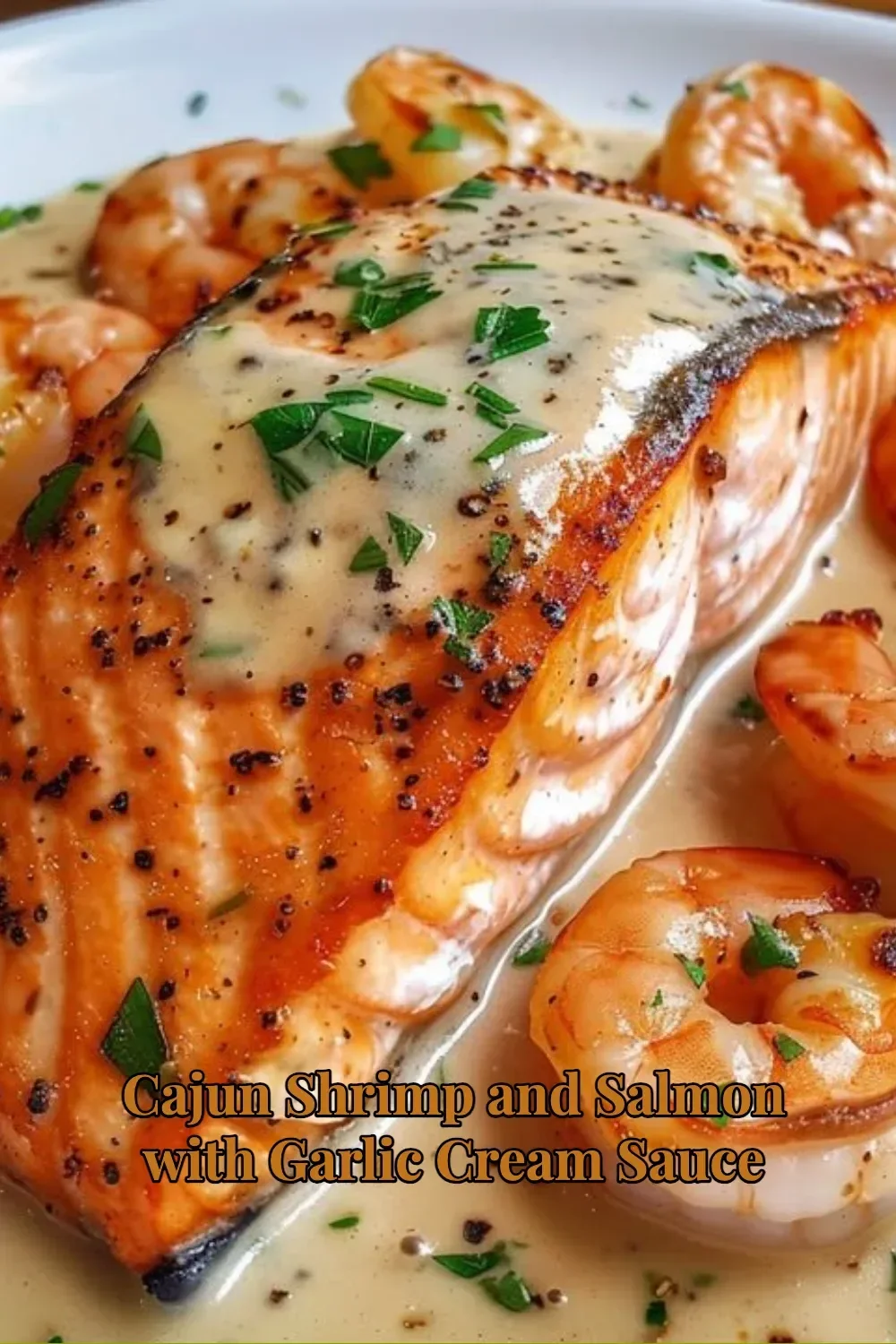 Cajun shrimp and salmon with garlic cream sauce served on a plate