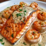 Cajun shrimp and salmon fillet with garlic cream sauce on a plate