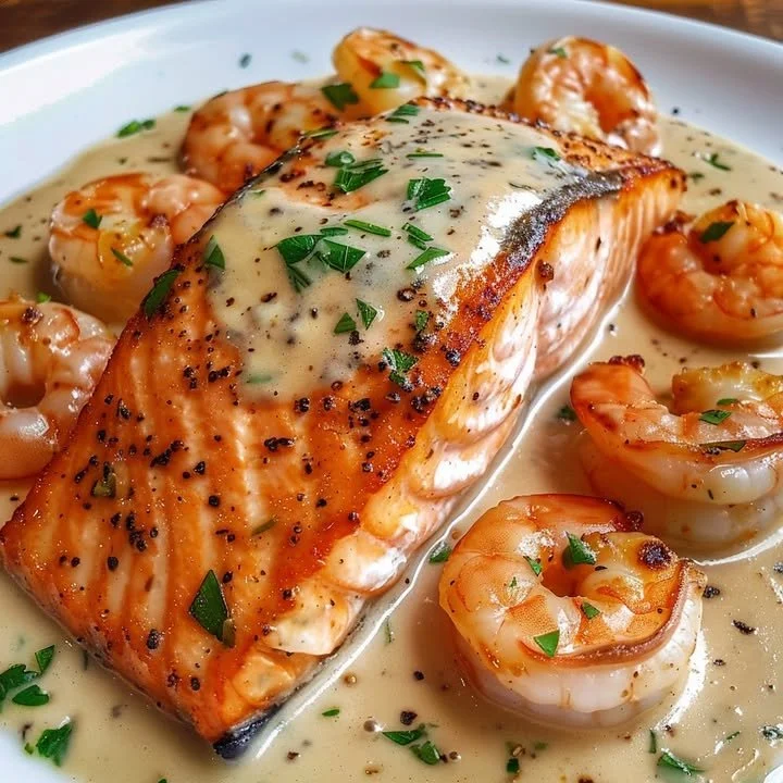 Cajun shrimp and salmon fillet with garlic cream sauce on a plate