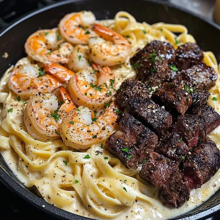 Cajun Shrimp and Steak Alfredo dish topped with herbs and spices.