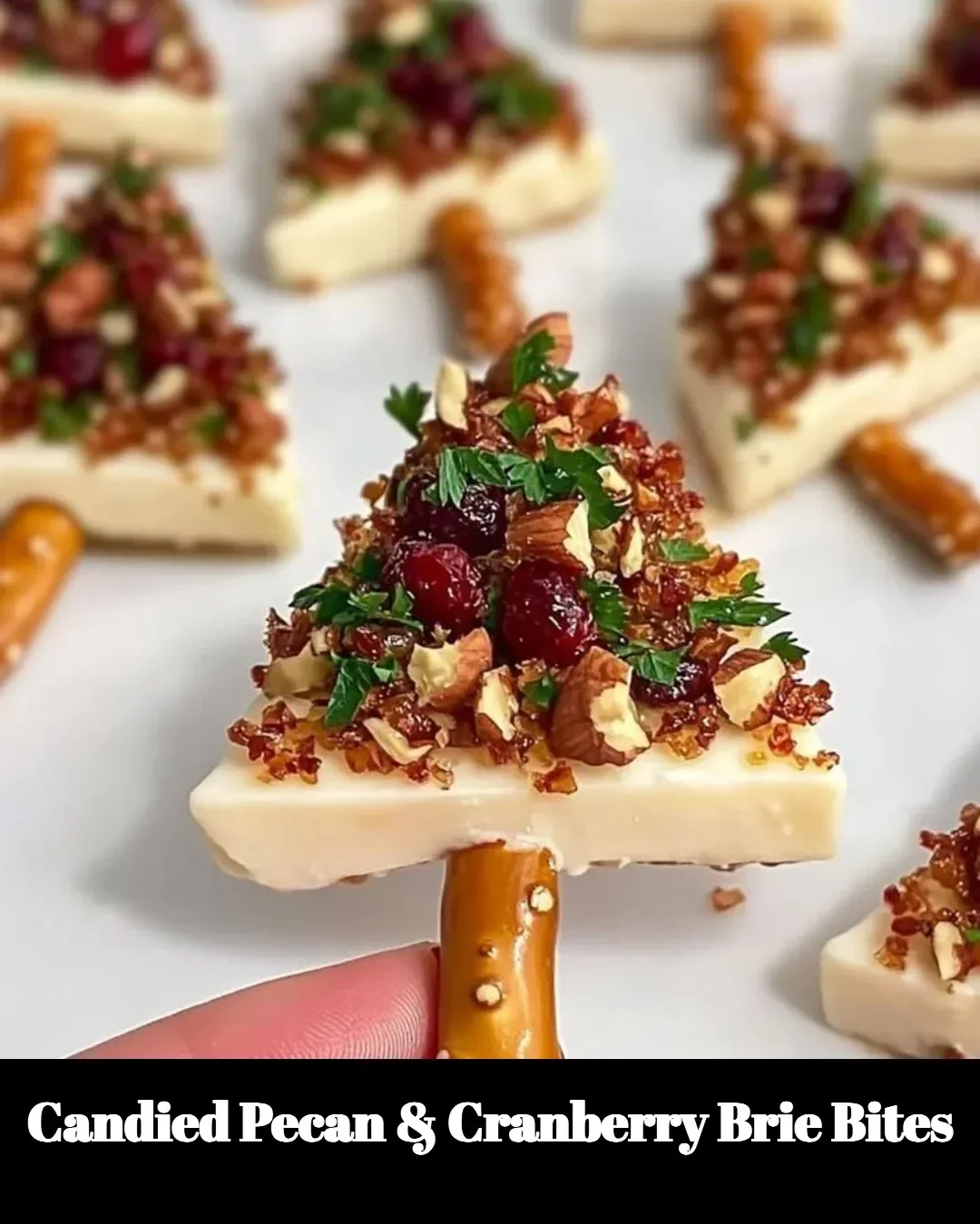 Delicious candied pecan and cranberry brie bites on a serving platter