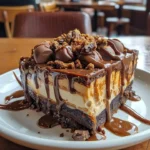 Delicious caramel brownie cheesecake layered with creamy cheesecake and rich brownie.