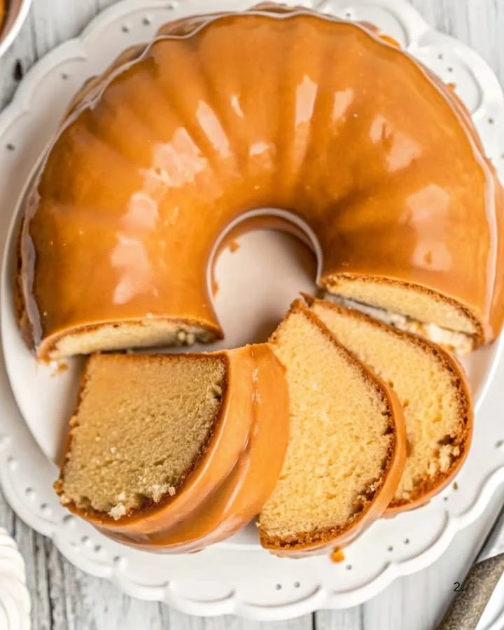Deliciously moist caramel pound cake topped with a rich caramel glaze.
