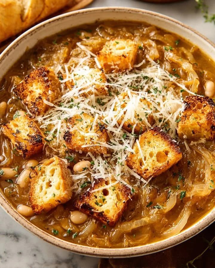 Bowl of Caramelized Onion, White Bean & Chicken Soup served with fresh herbs