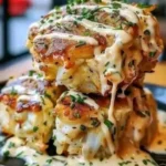 Delicious Cheddar Bay crab cakes served on a plate with dipping sauce.