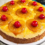 Cheesecake Filled Pineapple Upside Down Cake topped with caramelized pineapple slices