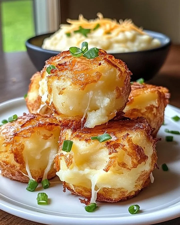 Crispy cheesy mashed potato puffs served on a plate