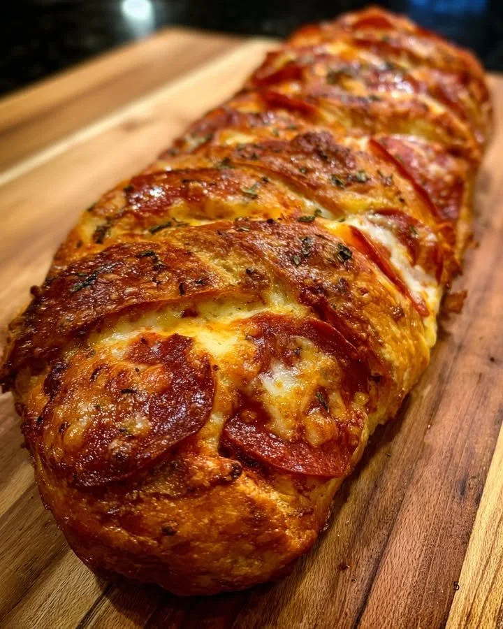 Cheesy pepperoni stromboli filled with melted cheese and pepperoni slices