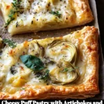Cheesy puff pastry stuffed with artichokes and herbs, garnished on a plate.