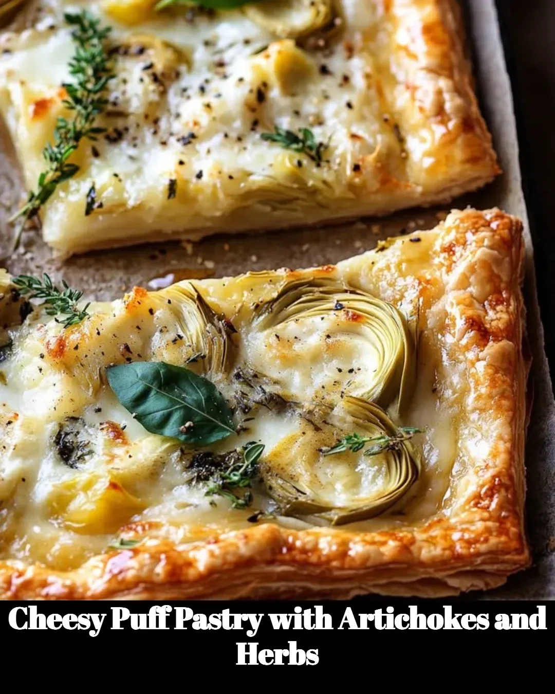 Cheesy puff pastry stuffed with artichokes and herbs, garnished on a plate.