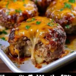 Cheesy stuffed meatloaf bites served on a plate garnished with herbs