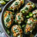 Cheesy stuffed poblano peppers with cilantro lime crema on a plate