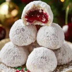 Freshly baked Cherry Almond Snowball Cookies dusted with powdered sugar