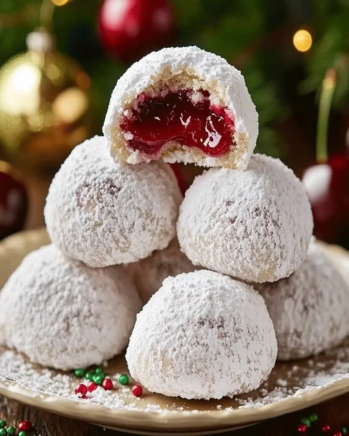Freshly baked Cherry Almond Snowball Cookies dusted with powdered sugar