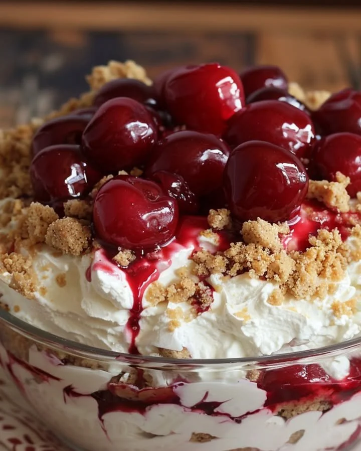 Delicious Cherry Cheesecake Fluff dessert in a bowl with cherries on top