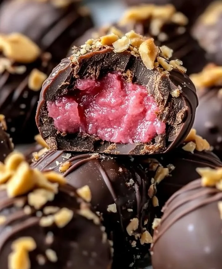 Delicious Cherry-Chocolate Peanut Butter Truffles decorated with cherries