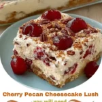 Delicious Cherry Pecan Cheesecake with luscious layers of cherries and pecans