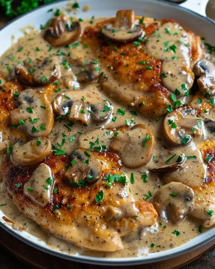 Delicious Chicken Mushroom Skillet with creamy Asiago sauce and mustard