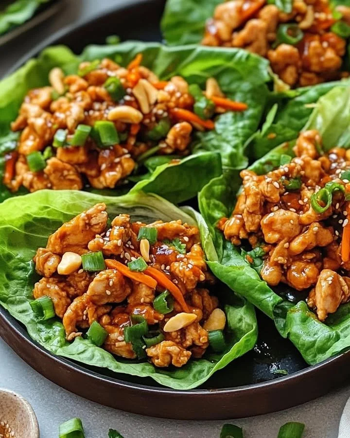 Chicken Lettuce Wraps served with Thai Chili Sauce, garnished and healthy dish