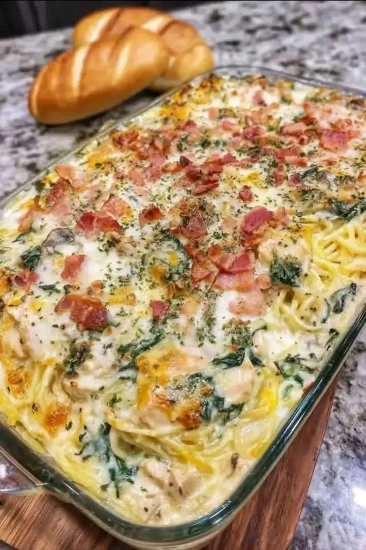 Delicious Chicken Tetrazzini served with creamy sauce and pasta