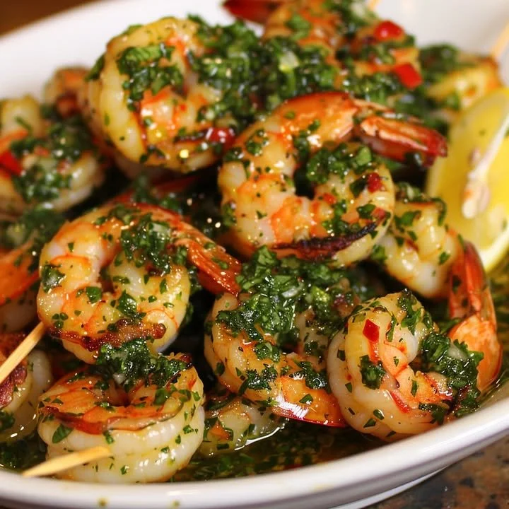 Delicious chimichurri shrimp dish garnished with herbs and spices