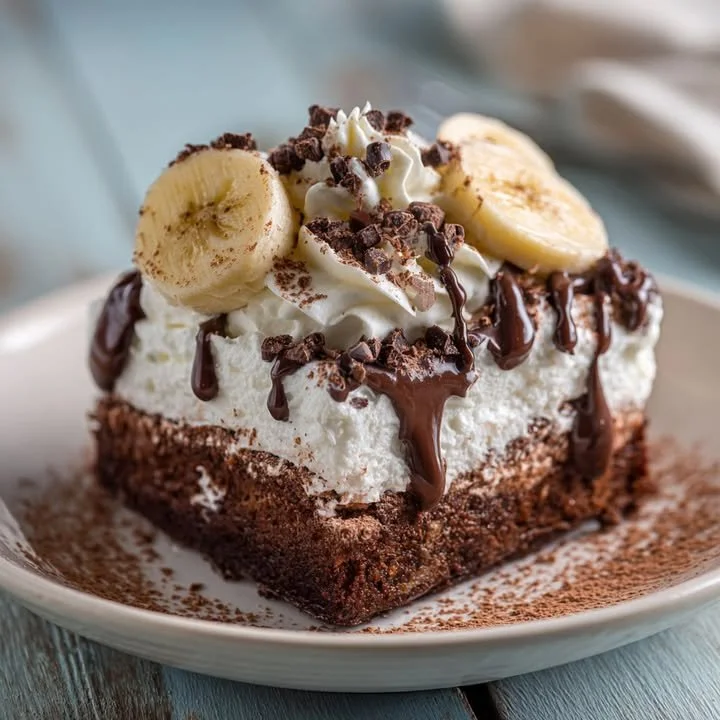 Chocolate Banana Poke Cake topped with chocolate icing and banana slices