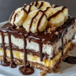 Delicious Chocolate Banana Split Cake with chocolate frosting and banana slices