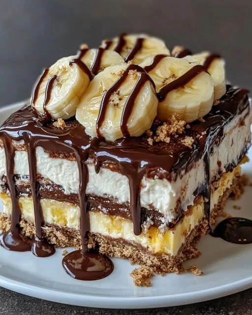 Delicious Chocolate Banana Split Cake with chocolate frosting and banana slices