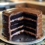 Delicious homemade chocolate cake topped with chocolate frosting on a white plate
