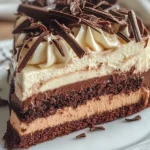 Slice of chocolate cake with Chantilly cream topping on a plate
