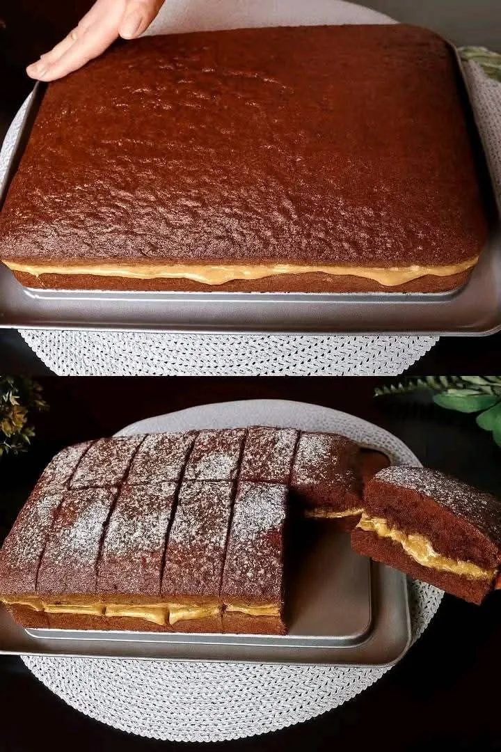 Decadent chocolate cake layered with creamy caramel filling, perfect for dessert.