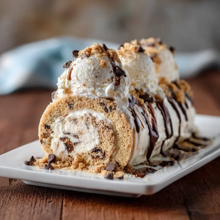 Chocolate chip cookie dough ice cream cake roll dessert