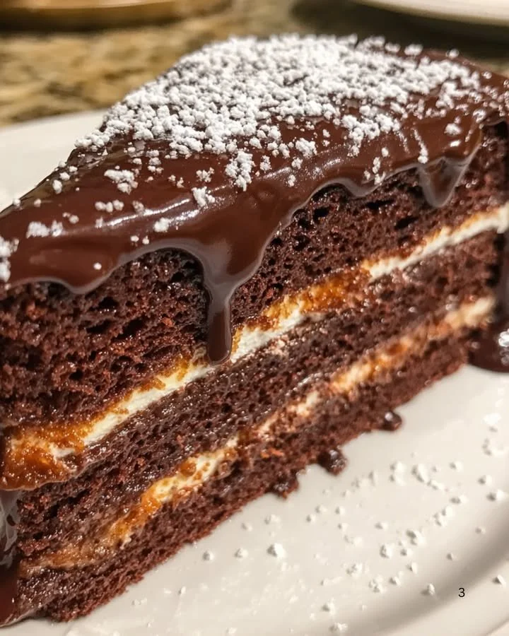 Decadent Chocolate Ding Dong Cake topped with chocolate ganache and cream filling