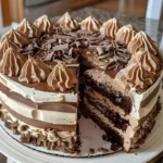 Delicious chocolate ice cream cake with chocolate drizzle and sprinkles