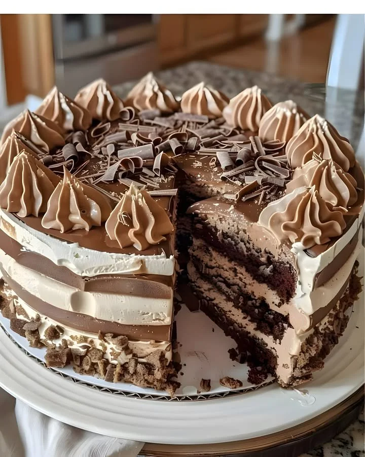 Delicious chocolate ice cream cake with chocolate drizzle and sprinkles