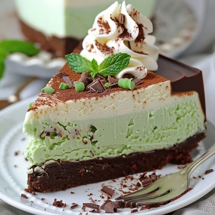 A slice of rich Chocolate Mint Cheesecake topped with mint leaves and chocolate shavings