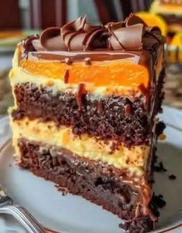 Decadent Chocolate Orange Custard Layer Cake with chocolate and orange flavors