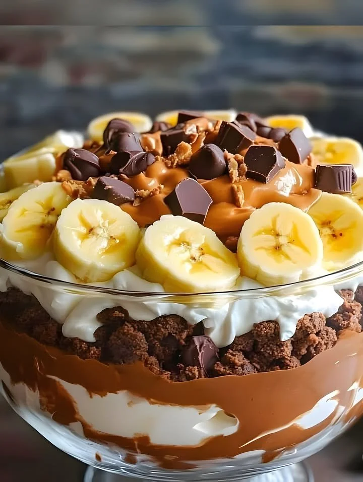 Delicious Chocolate Peanut Butter Banana Cream Trifle with layers of chocolate and bananas