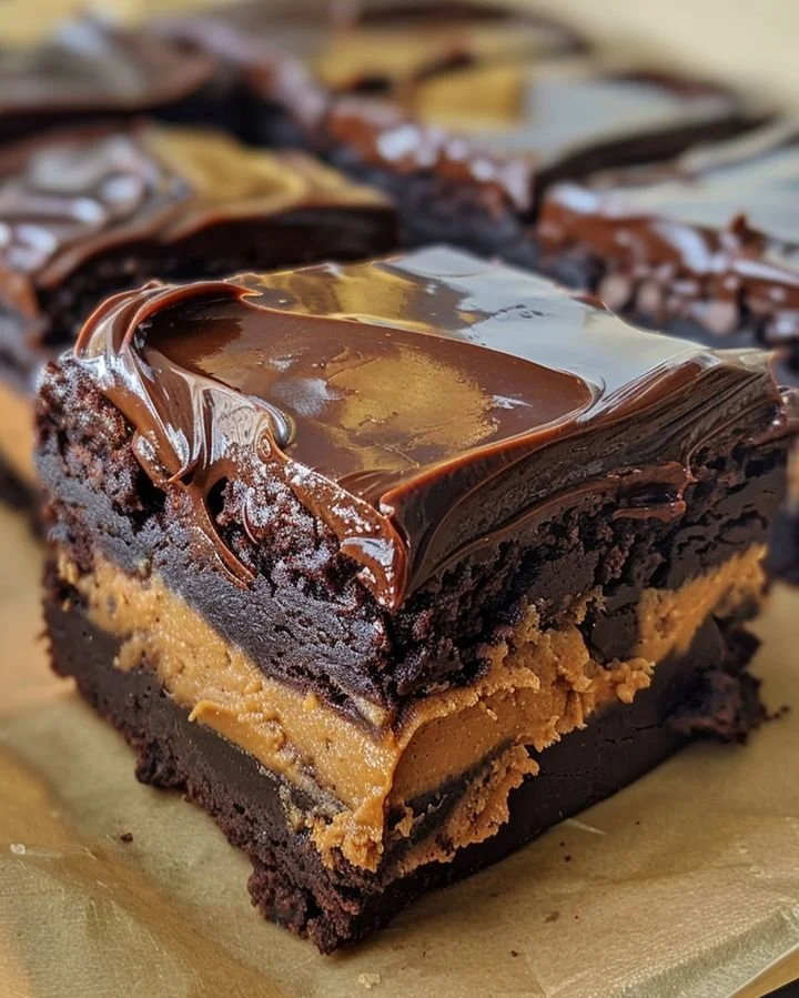 Delicious Chocolate Peanut Butter Brownie Bars with a rich chocolate and peanut butter layer.