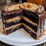 Delicious Chocolate Peanut Butter Cup Galaxy Cake with chocolate and peanut butter layers