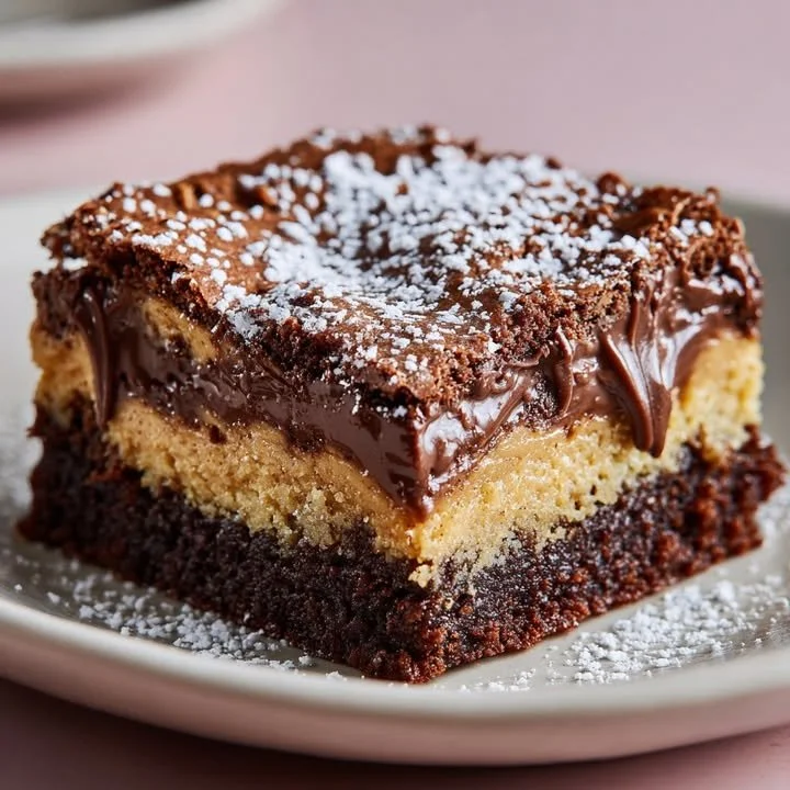 Delicious Chocolate Peanut Butter Ooey Gooey Butter Cake with creamy peanut butter icing