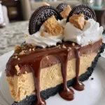 Delicious chocolate peanut butter pie with creamy topping and chocolate drizzle.