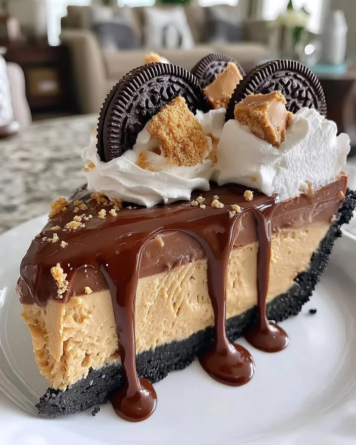 Delicious chocolate peanut butter pie with creamy topping and chocolate drizzle.