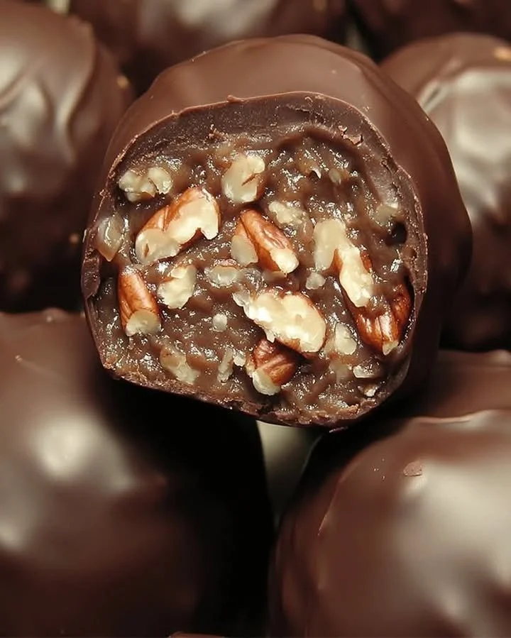 Delicious Chocolate Pecan Caramel Truffles on a decorative plate