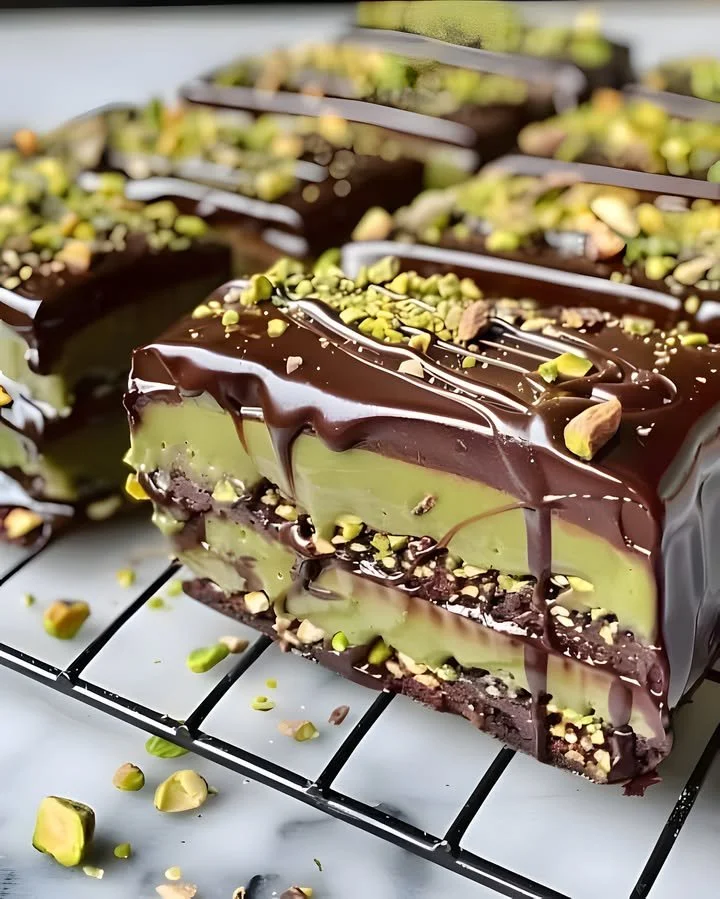 Chocolate Pistachio Delight dessert with chocolate and pistachio toppings