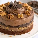 Deliciously baked Chocolate Walnut Cake with nuts and chocolate glaze